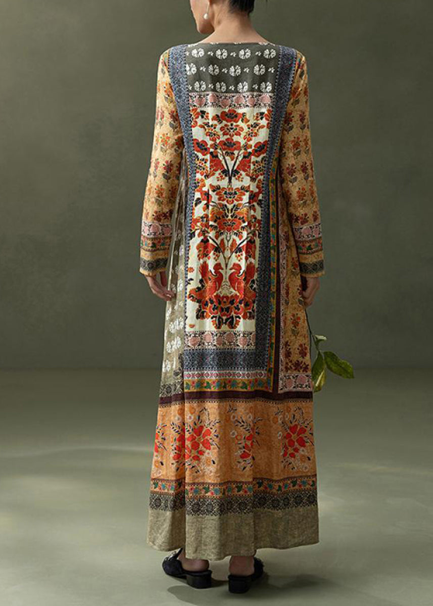 Vintage Orange O-Neck Print Maxi Dresses Long Sleeve