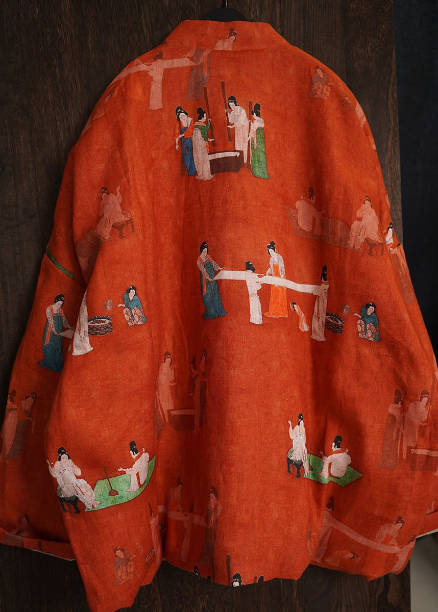 Vintage Orange Print Chinese Button Fine Cotton Filled Jackets Winter