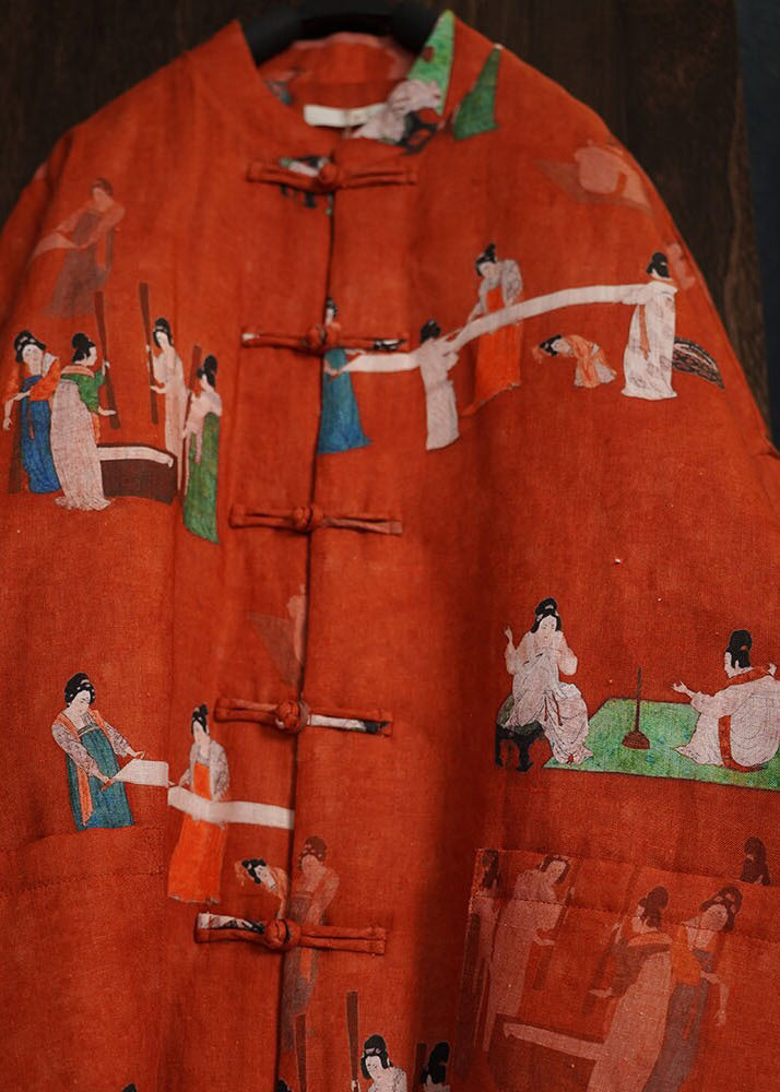 Vintage Orange Print Chinese Button Fine Cotton Filled Jackets Winter