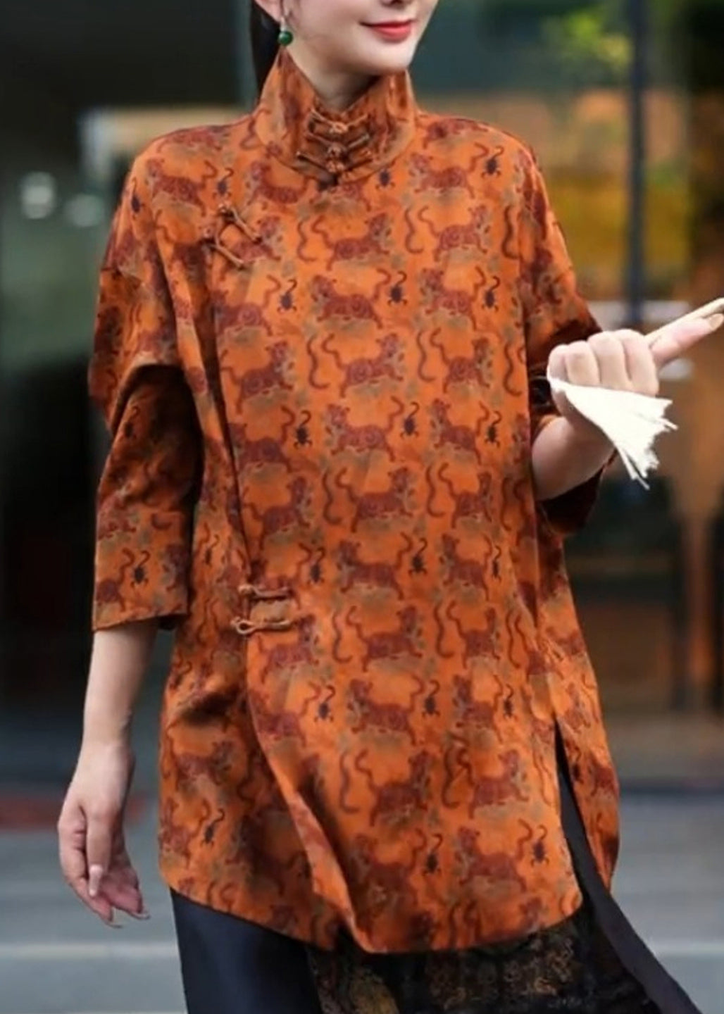 Vintage Orange Stand Collar Print Side Open Shirt Three Quarter Sleeve