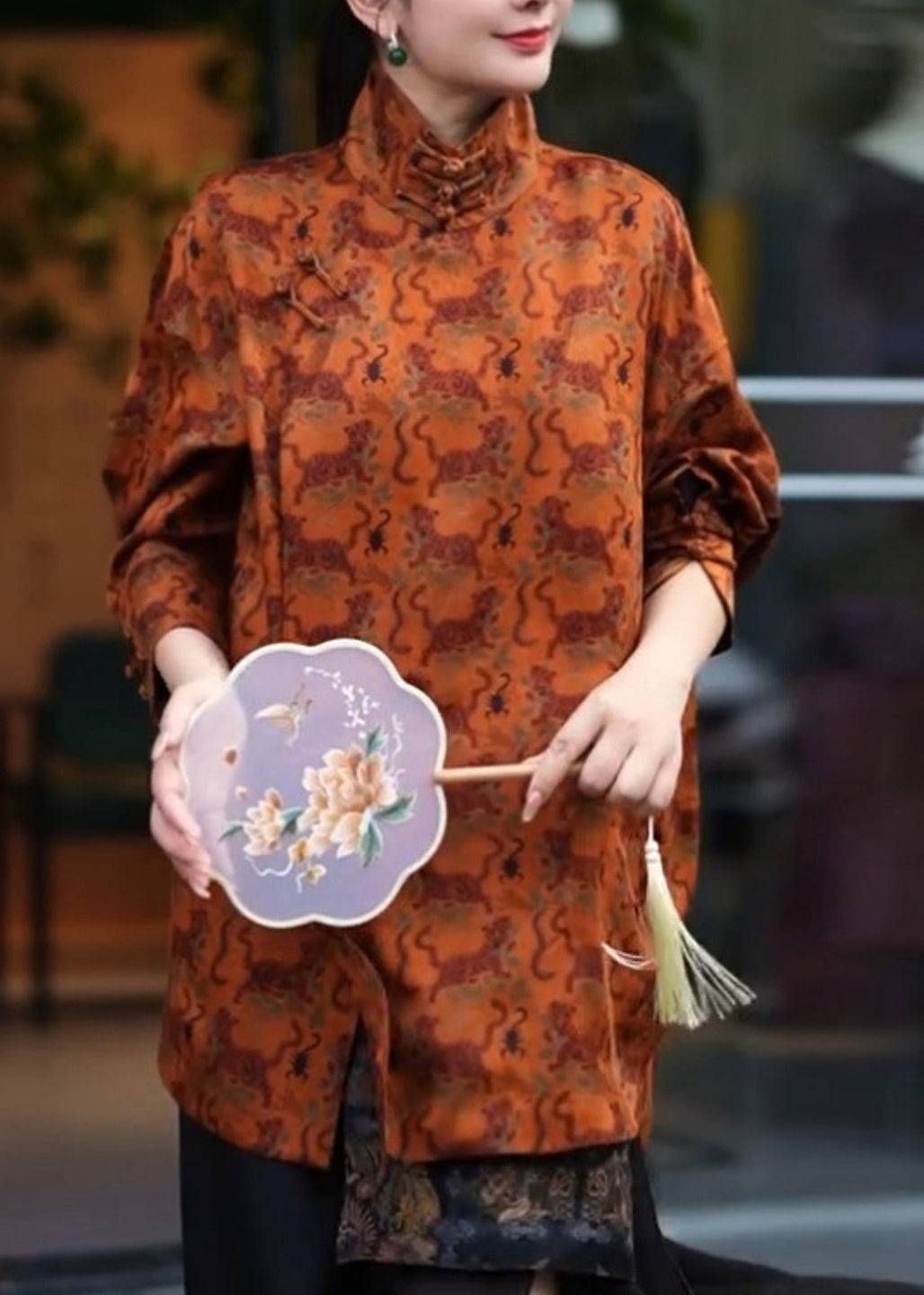 Vintage Orange Stand Collar Print Side Open Shirt Three Quarter Sleeve