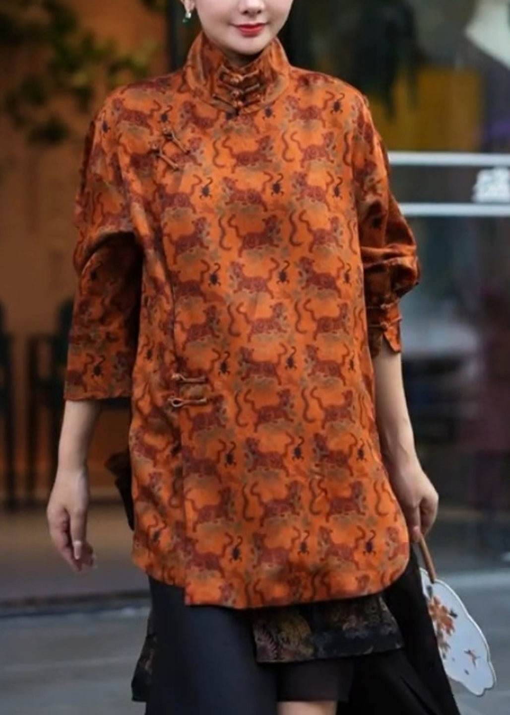 Vintage Orange Stand Collar Print Side Open Shirt Three Quarter Sleeve