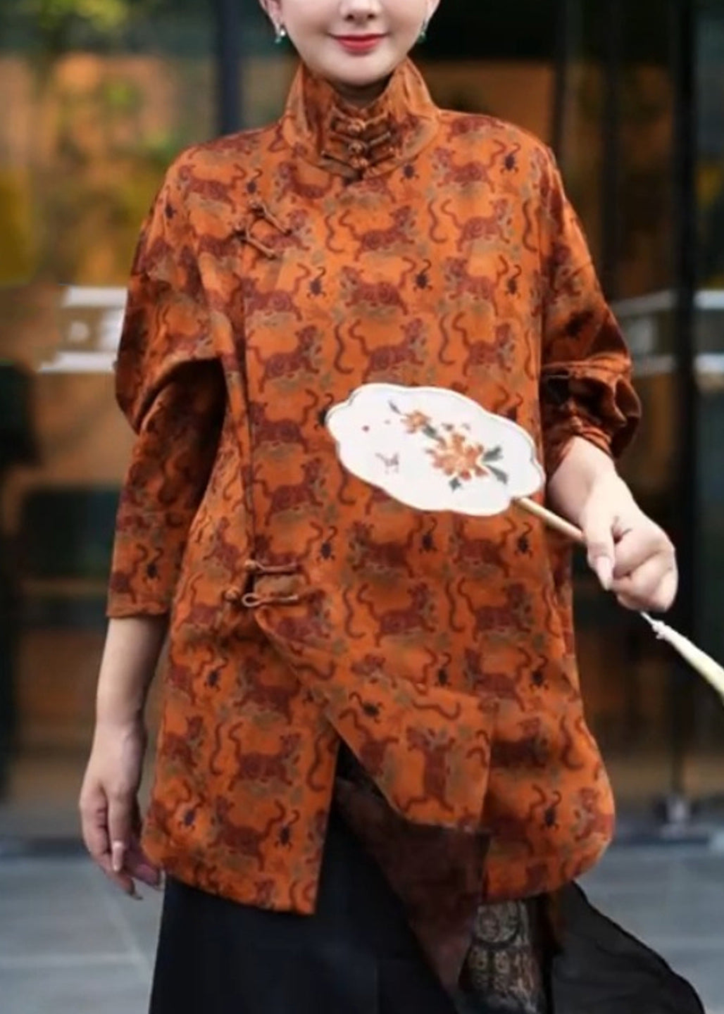 Vintage Orange Stand Collar Print Side Open Shirt Three Quarter Sleeve