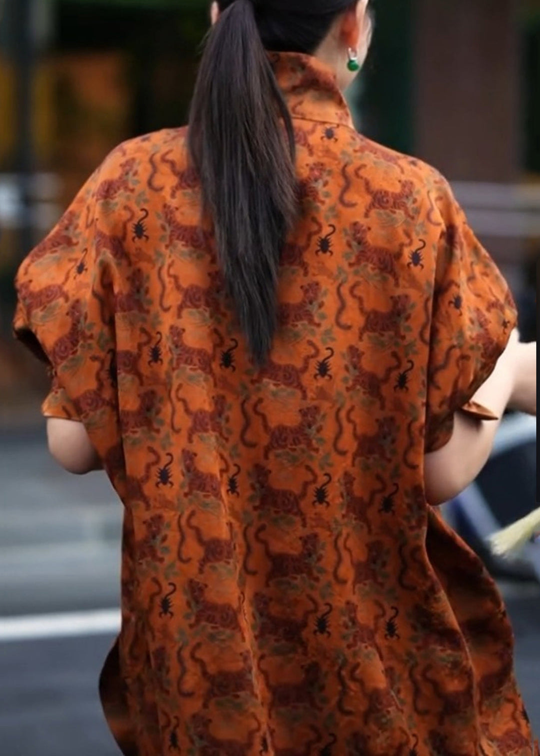 Vintage Orange Stand Collar Print Side Open Shirt Three Quarter Sleeve