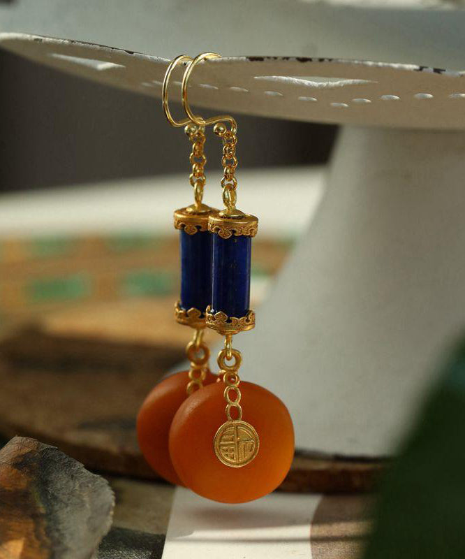 Vintage Orange Sterling Silver Overgild Amber Drop Earrings