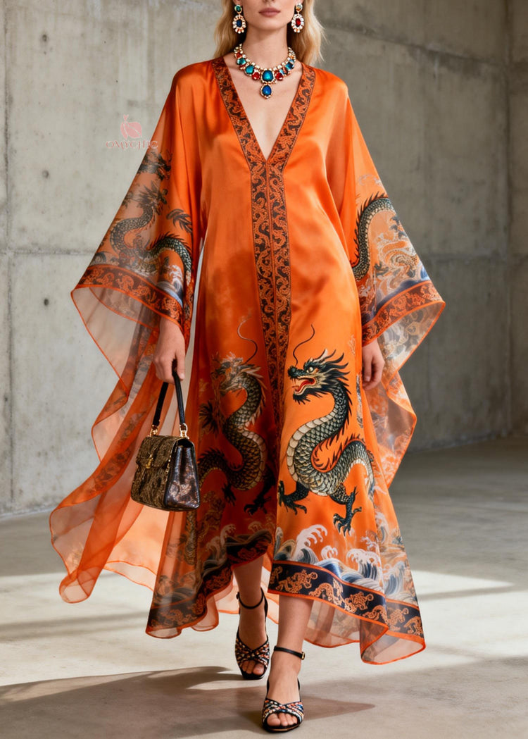 Vintage Orange V Neck Print Chiffon Robe Dresses Summer - Omychic