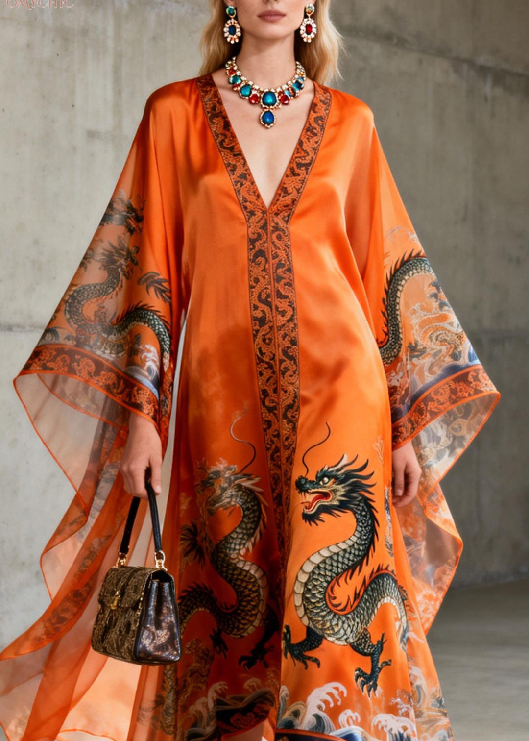 Vintage Orange V Neck Print Chiffon Robe Dresses Summer - Omychic