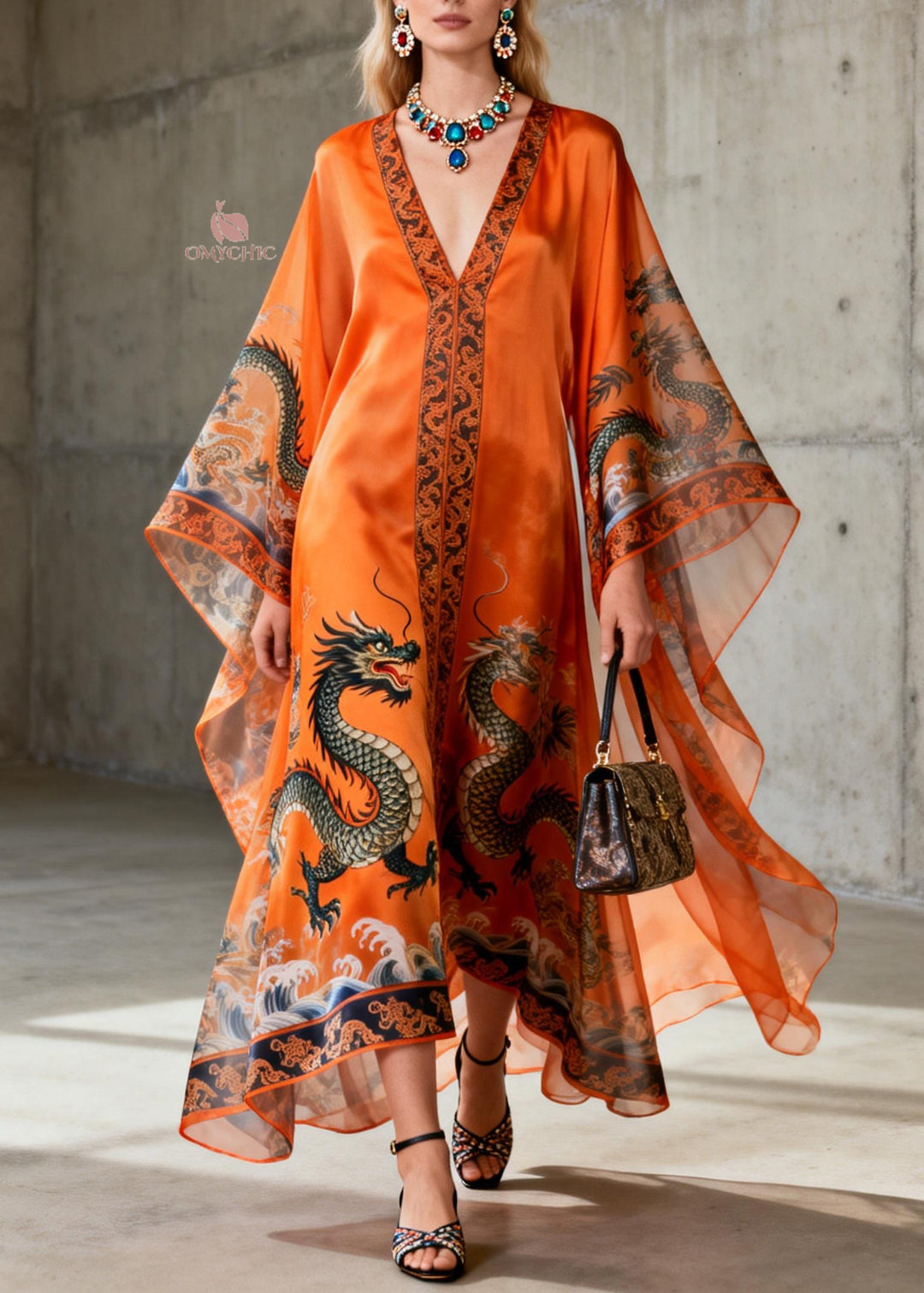 Vintage Orange V Neck Print Chiffon Robe Dresses Summer - Omychic