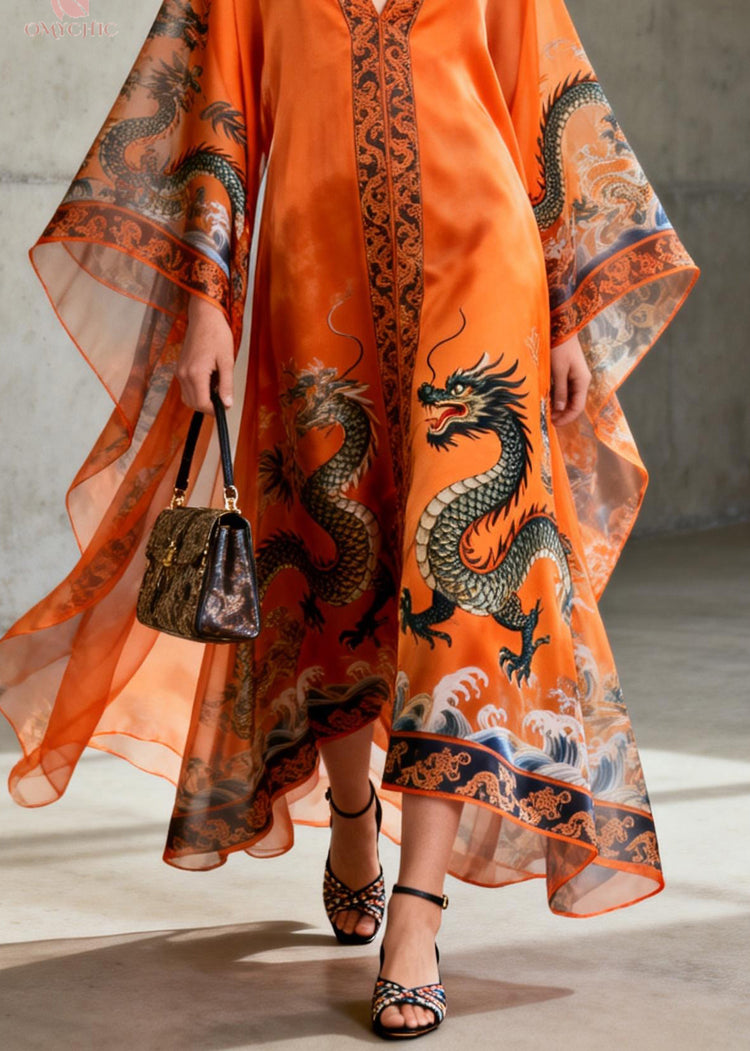 Vintage Orange V Neck Print Chiffon Robe Dresses Summer - Omychic