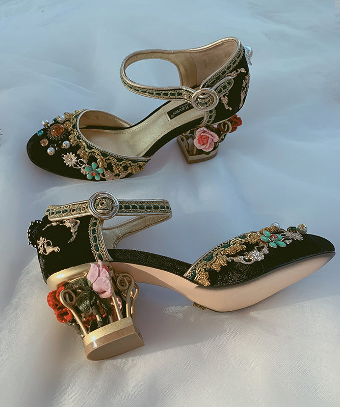Vintage Palace Feng Zircon Flower Black Buckle Strap High Heels