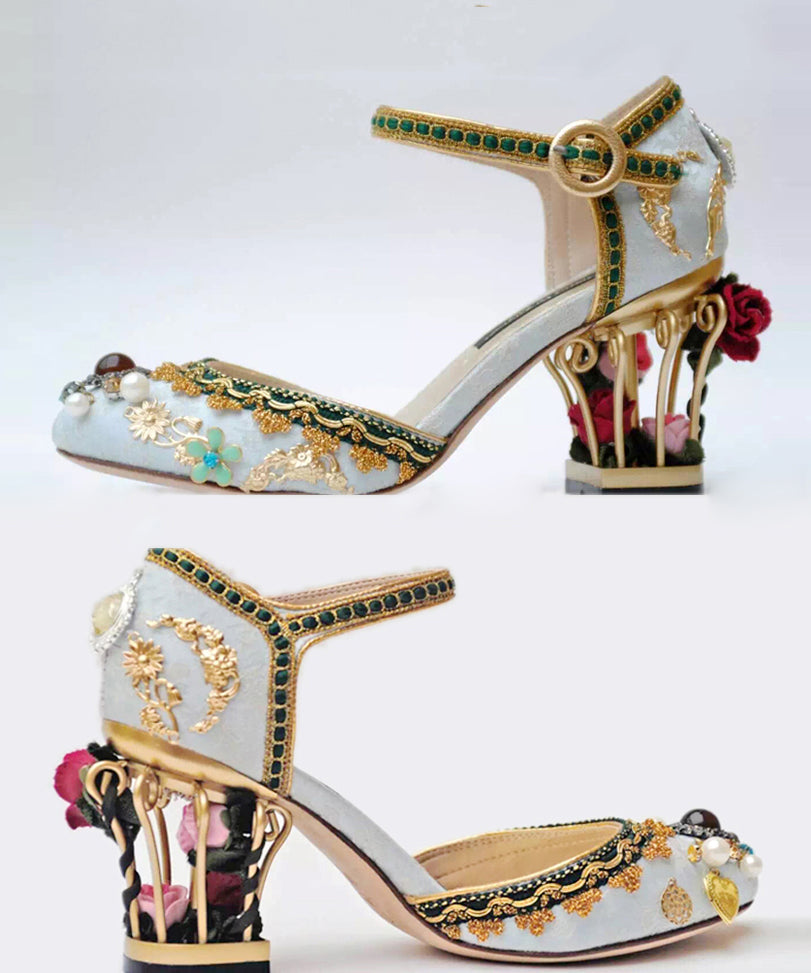 Vintage Palace Feng Zircon Flower Black Buckle Strap High Heels
