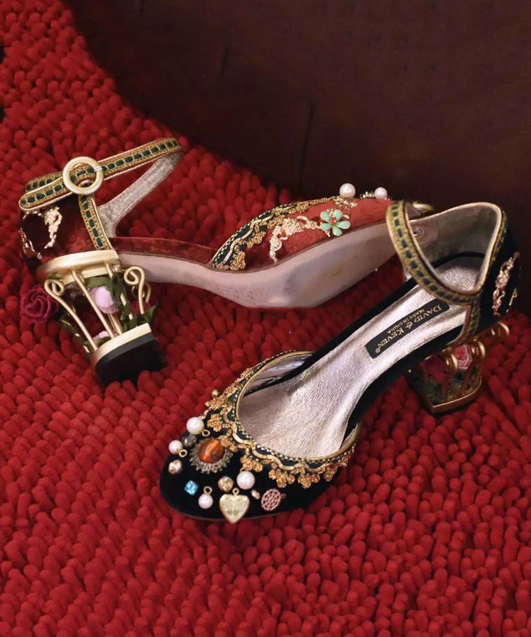 Vintage Palace Feng Zircon Flower Black Buckle Strap High Heels