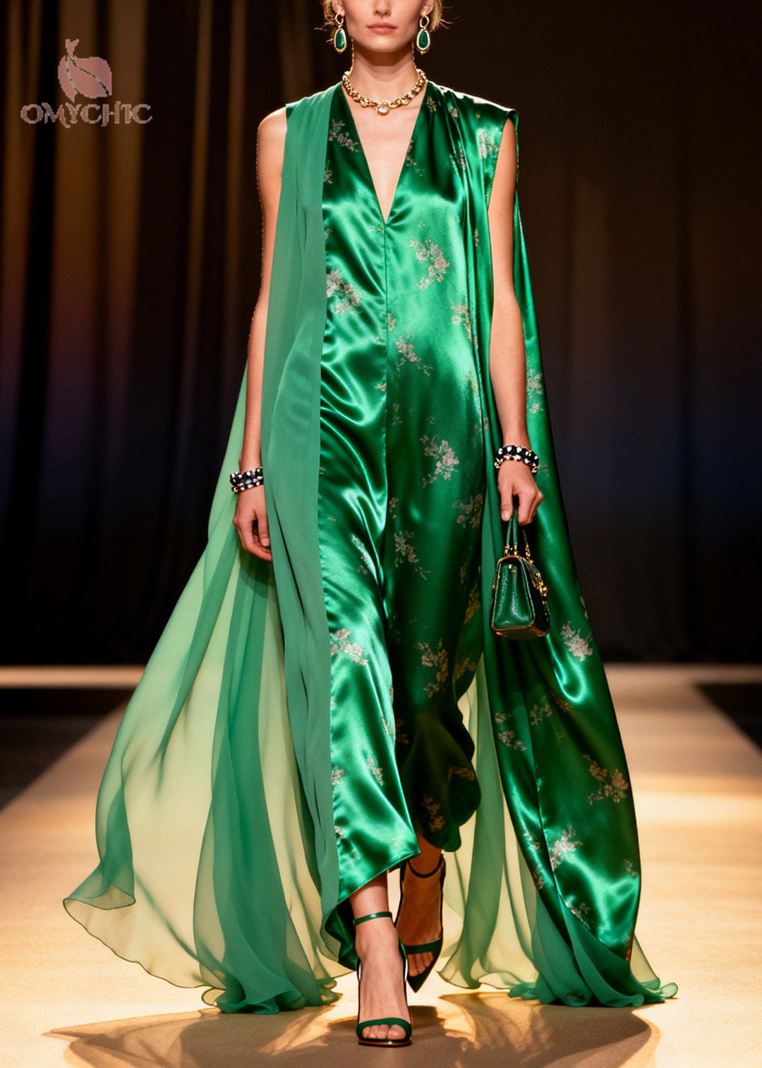 Vintage Peacock Green Oversized Patchwork Exra Large Hem Silk Dresses Sleeveless
