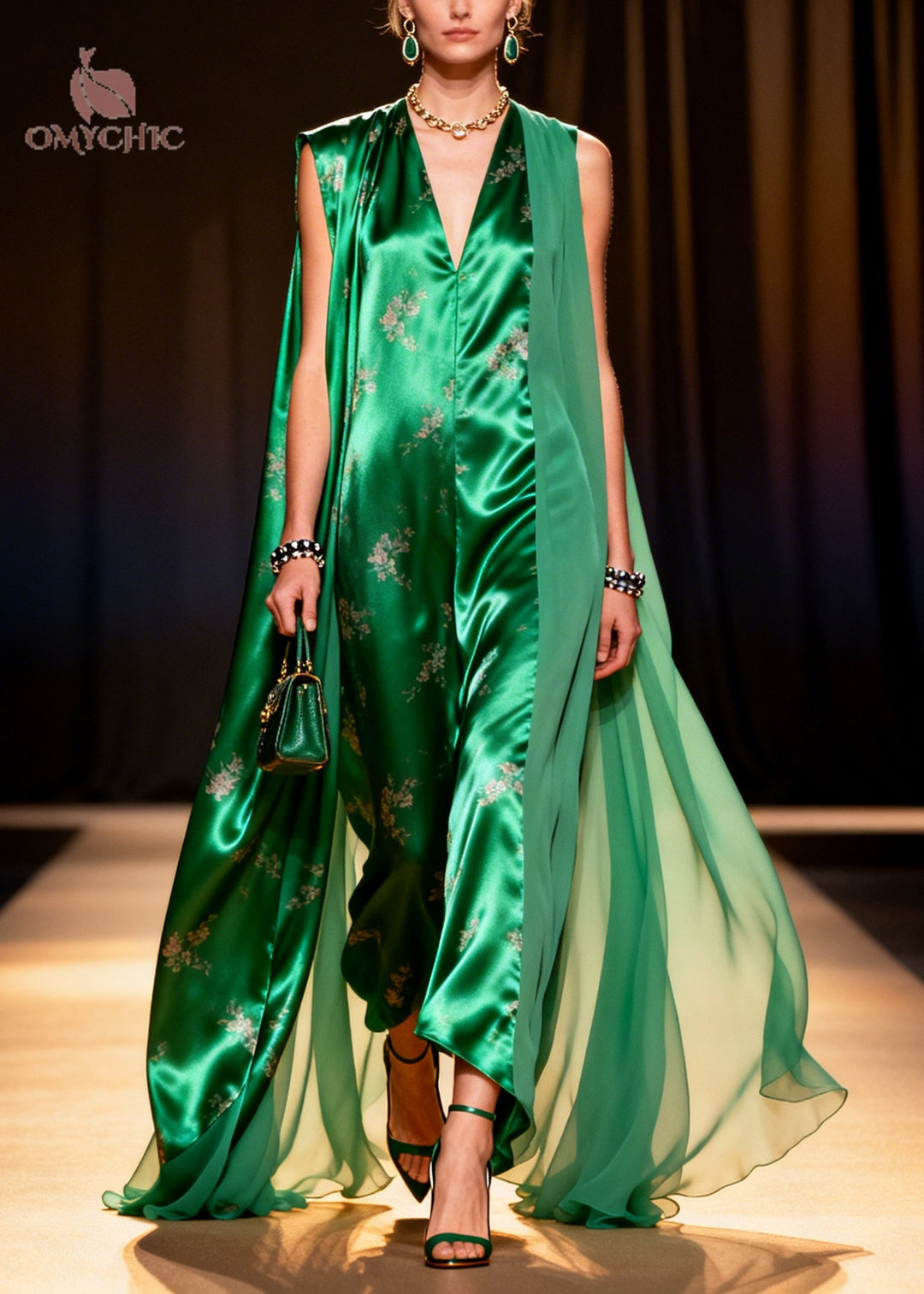Vintage Peacock Green Oversized Patchwork Exra Large Hem Silk Dresses Sleeveless