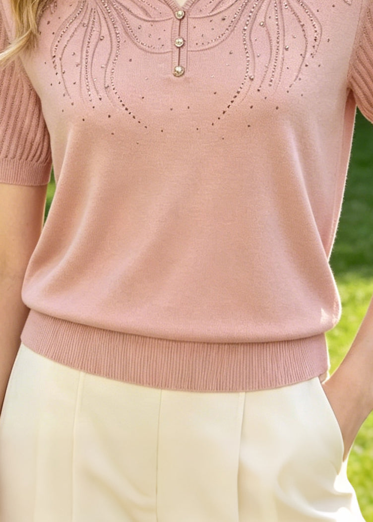 Vintage Pink Embroidered Zircon Knit Blouse Tops Summer