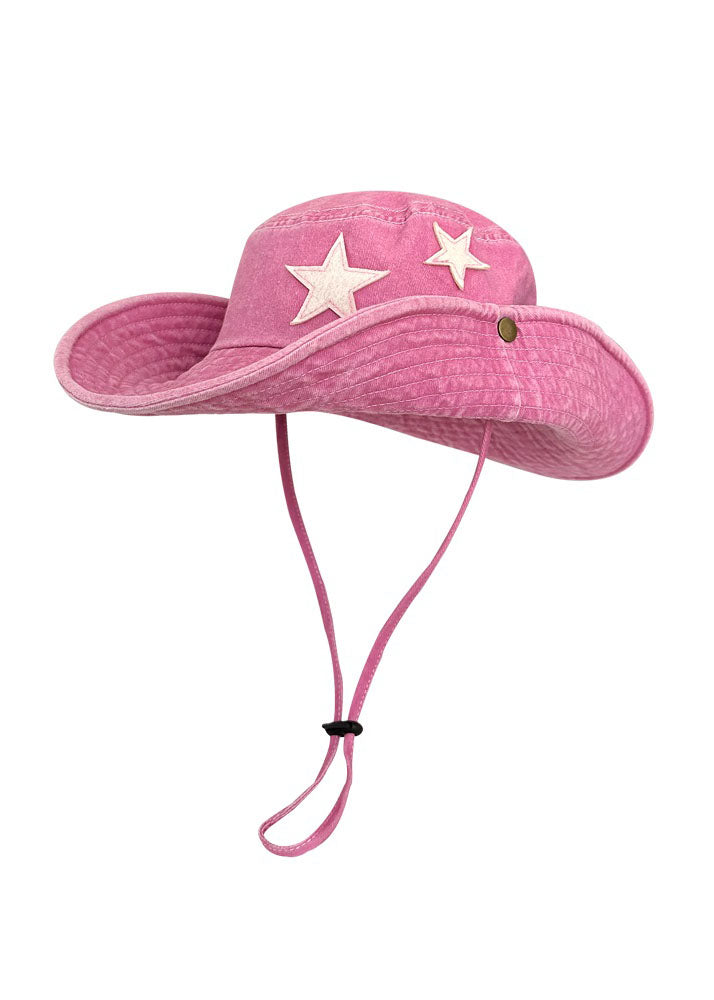 Vintage Pink Five Pointed Star Embroidery Cotton Cowboy Hat