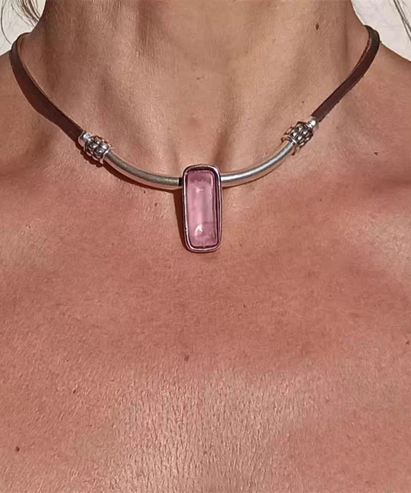 Vintage Pink Leather Alloy Crystal Pendant Necklace - Omychic