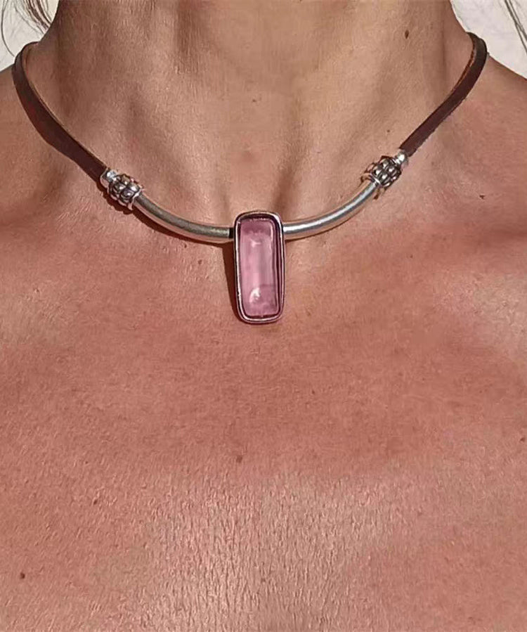 Vintage Pink Leather Alloy Crystal Pendant Necklace - Omychic