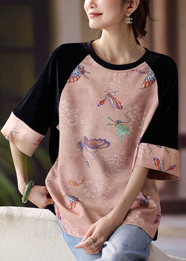 Vintage Pink Patchwork Cotton Oriental Tanks Butterfly Print Half Sleeve