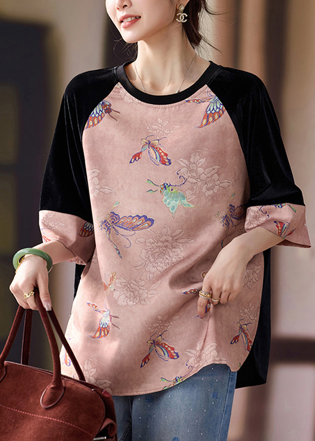Vintage Pink Patchwork Cotton Oriental Tanks Butterfly Print Half Sleeve