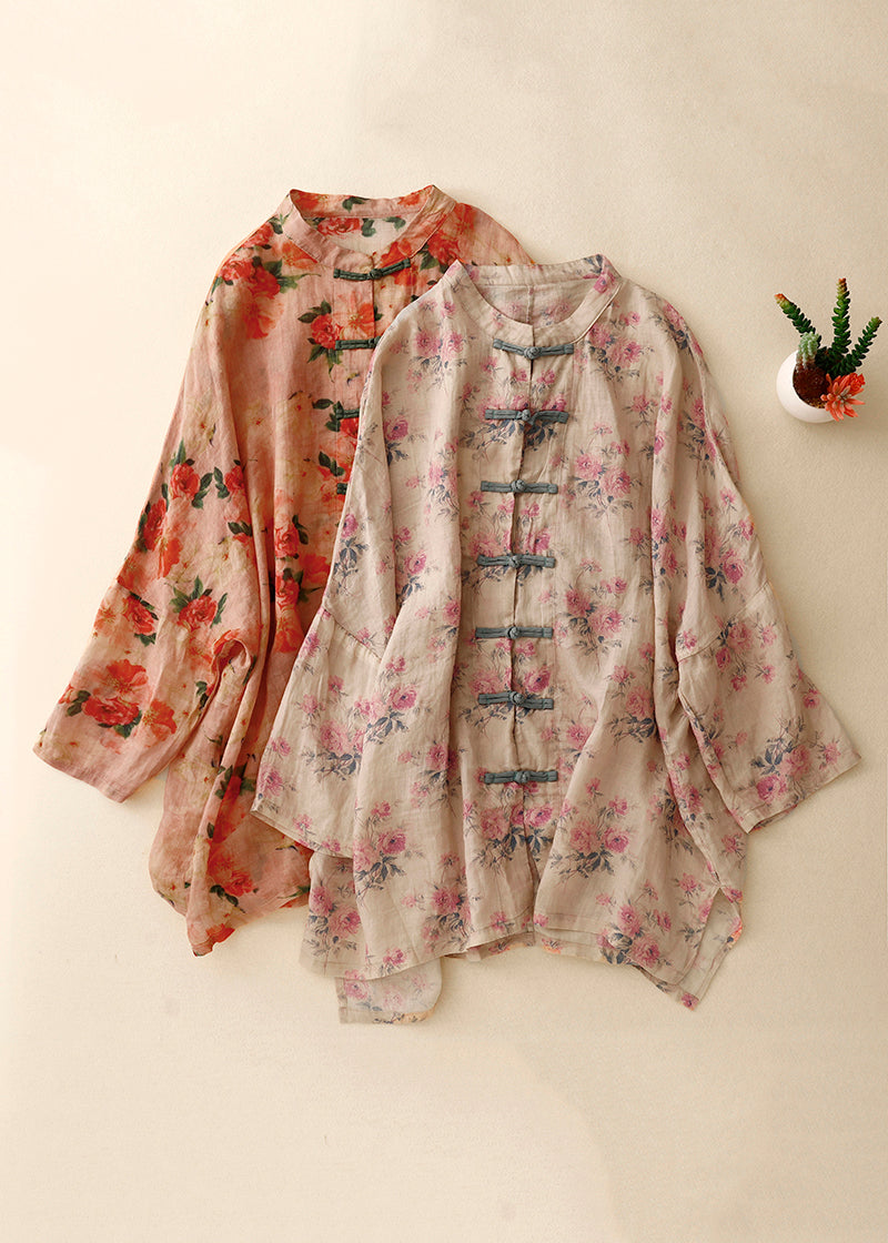 Vintage Pink Print Chinese Button Linen Shirts Spring