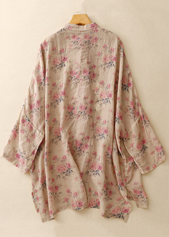 Vintage Pink Print Chinese Button Linen Shirts Spring
