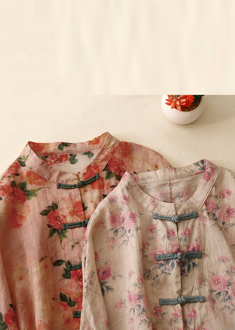 Vintage Pink Print Chinese Button Linen Shirts Spring