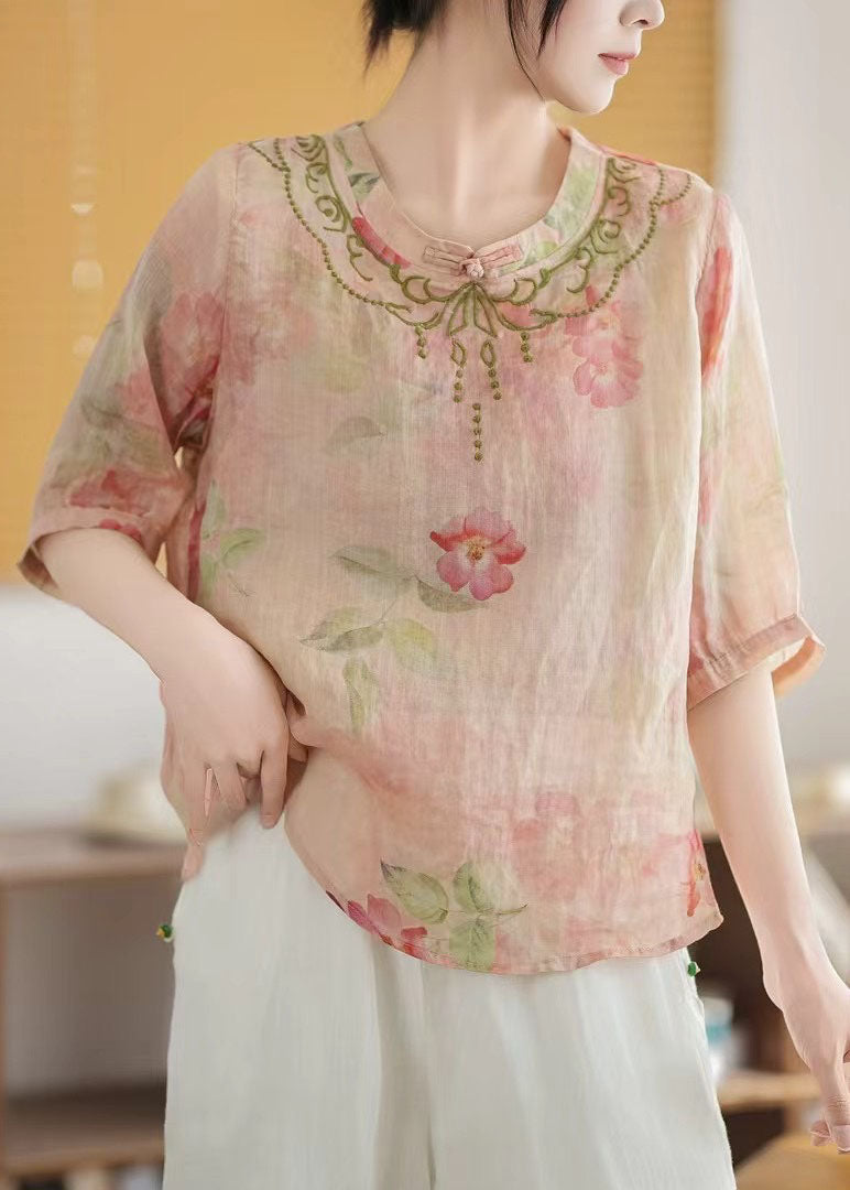 Vintage Pink Print Chinese Style Linen Top Summer
