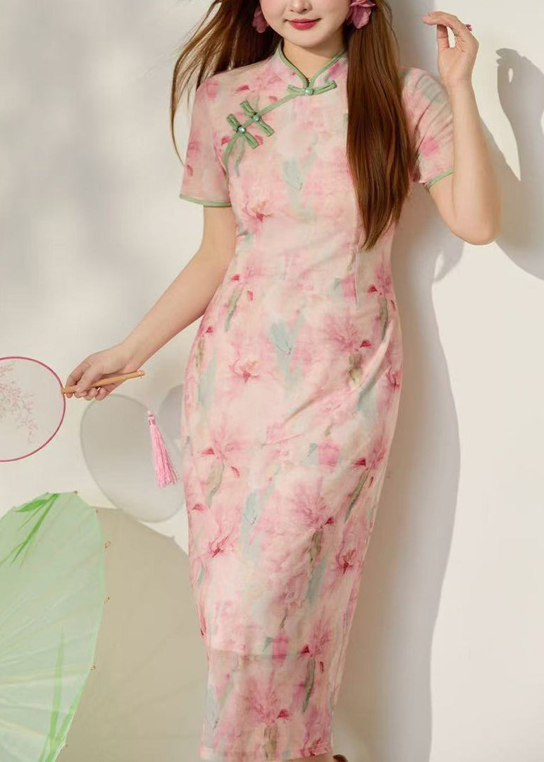 Vintage Pink Print Side Open Cotton Oriental Dress Summer