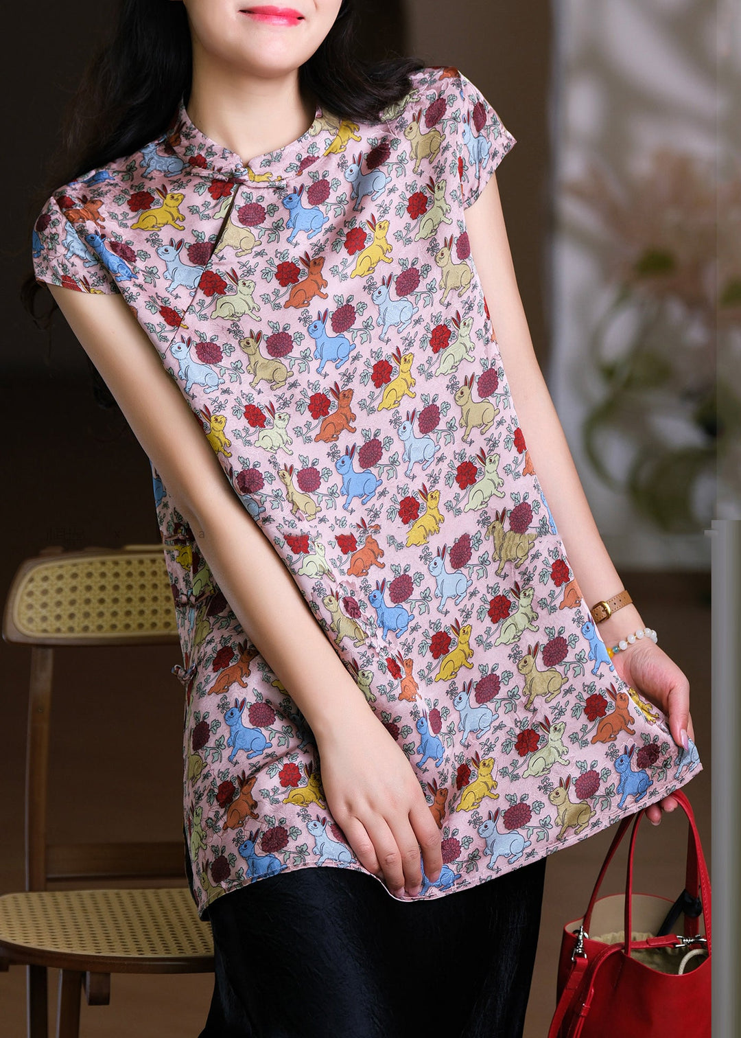 Vintage Pink Stand Collar Side Open Silk Cotton T Shirts Short Sleeve