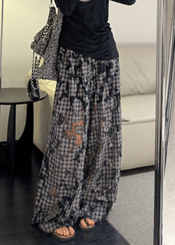 Vintage Plaid Hollow Out Patchwork Wide Leg Pants Spring