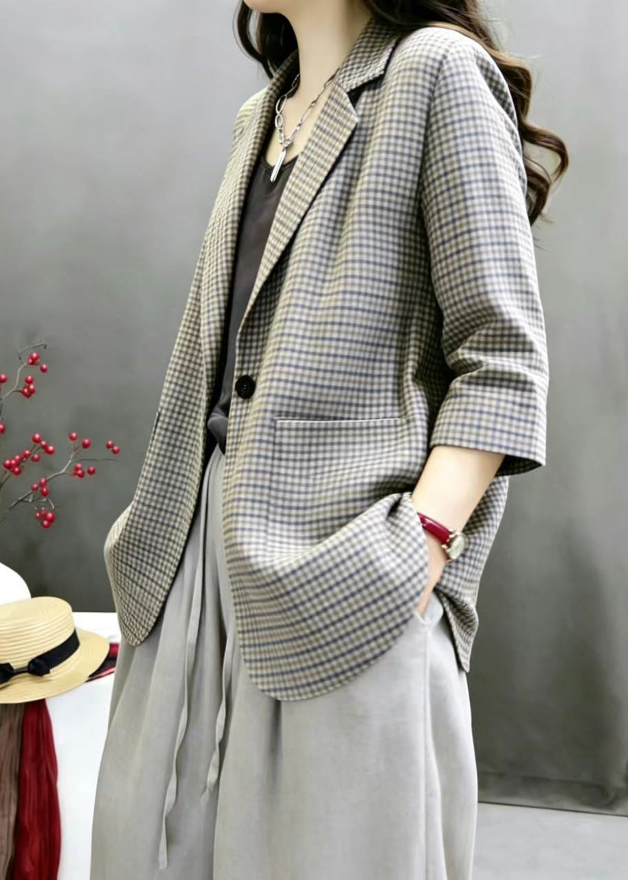 Vintage Plaid Notched Pockets Jacket Bracelet Sleeve