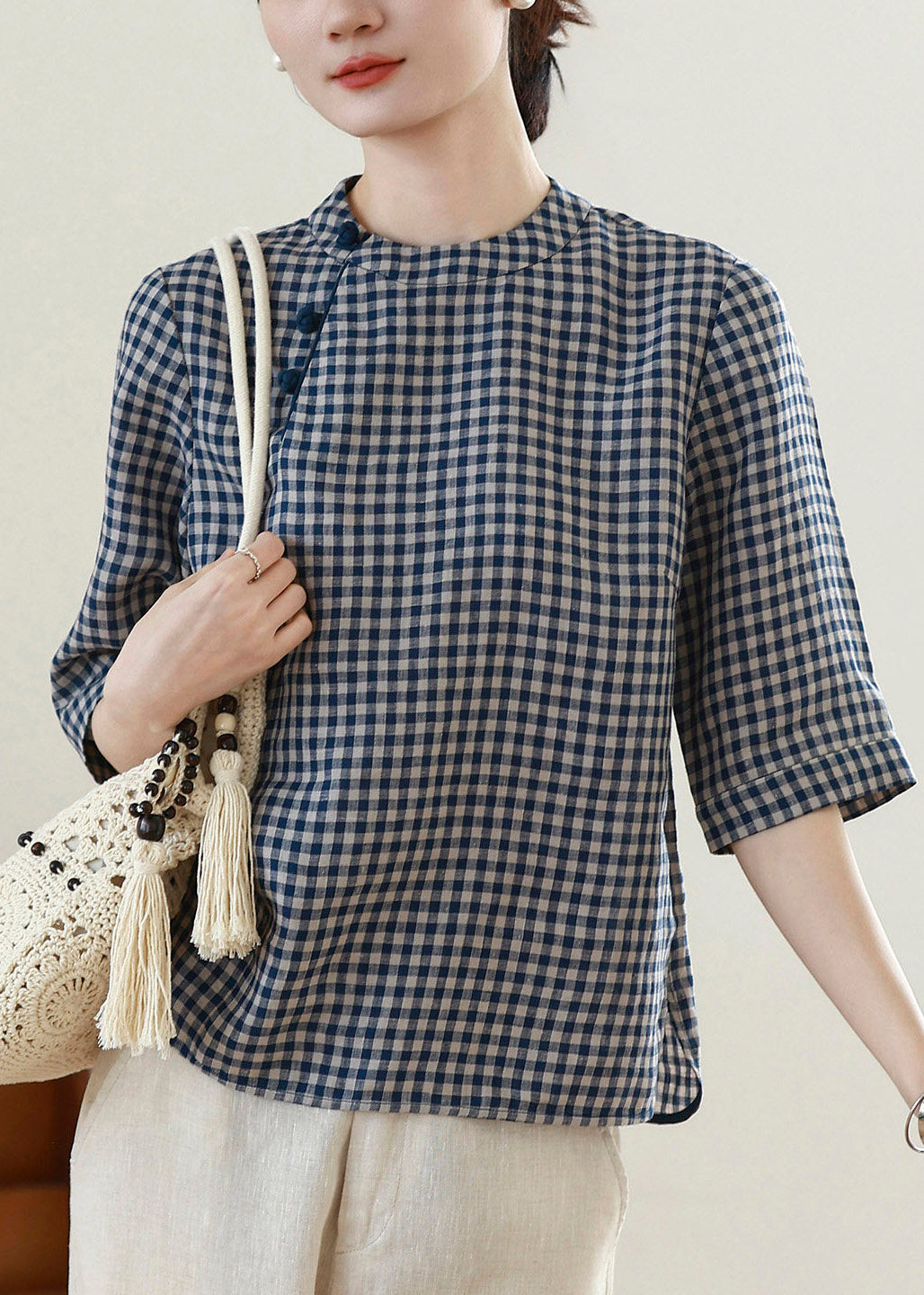 Vintage Plaid O-Neck Top Short Sleeve