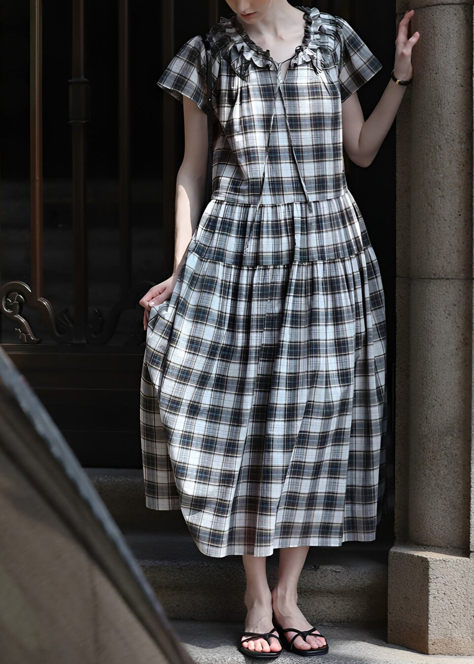 Vintage Plaid Ruffled Lace Up Maxi Dress Summer