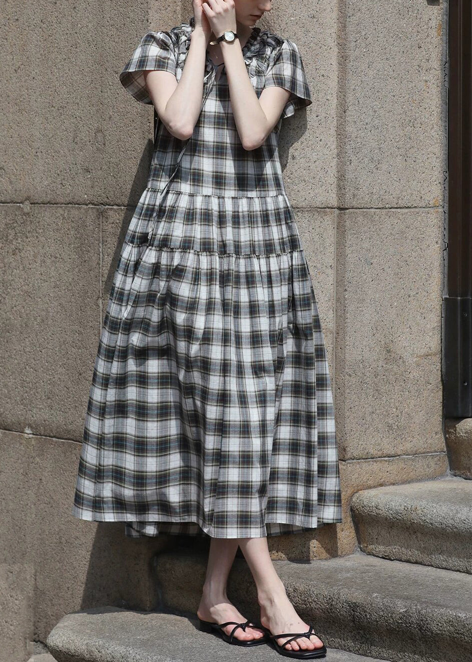 Vintage Plaid Ruffled Lace Up Maxi Dress Summer