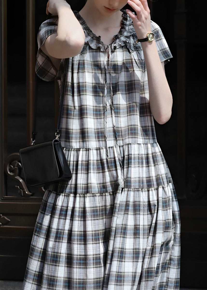 Vintage Plaid Ruffled Lace Up Maxi Dress Summer