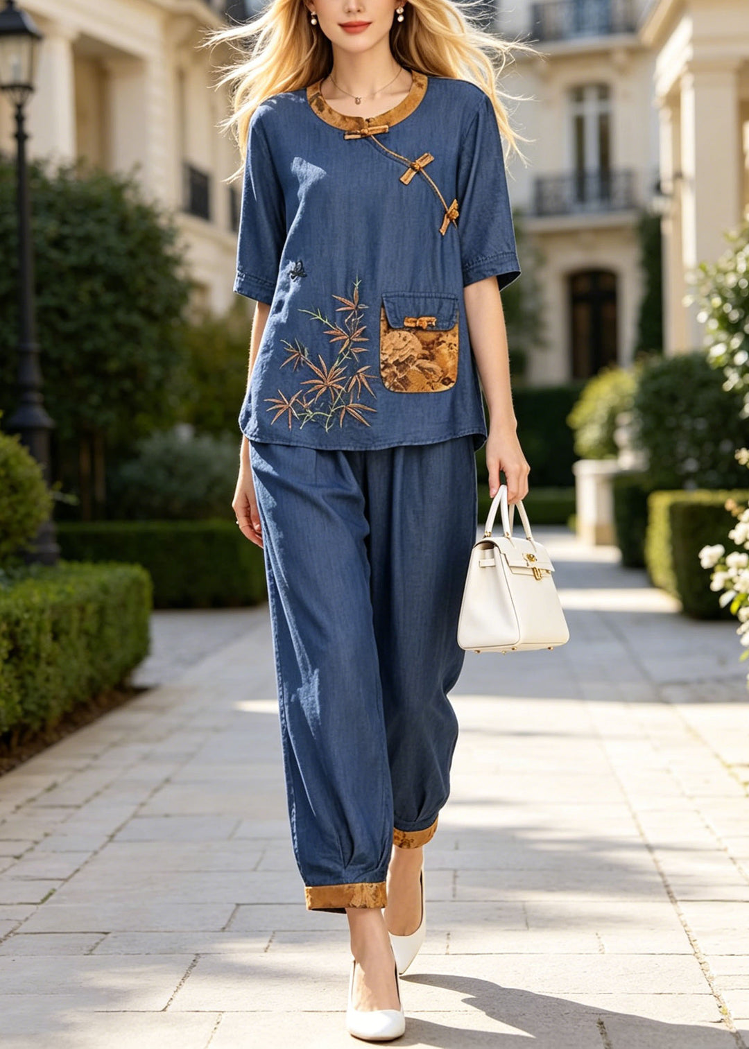 Vintage Plus Size Blue Embroidered Cotton Two Piece Set Summer