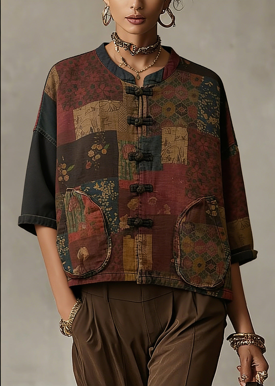 Vintage Print Button Patchwork Cotton Coat Long Sleeve