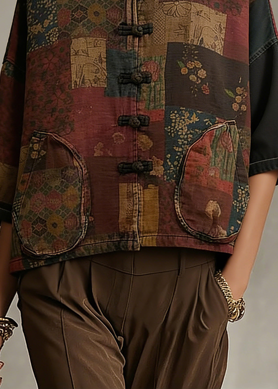 Vintage Print Button Patchwork Cotton Coat Long Sleeve