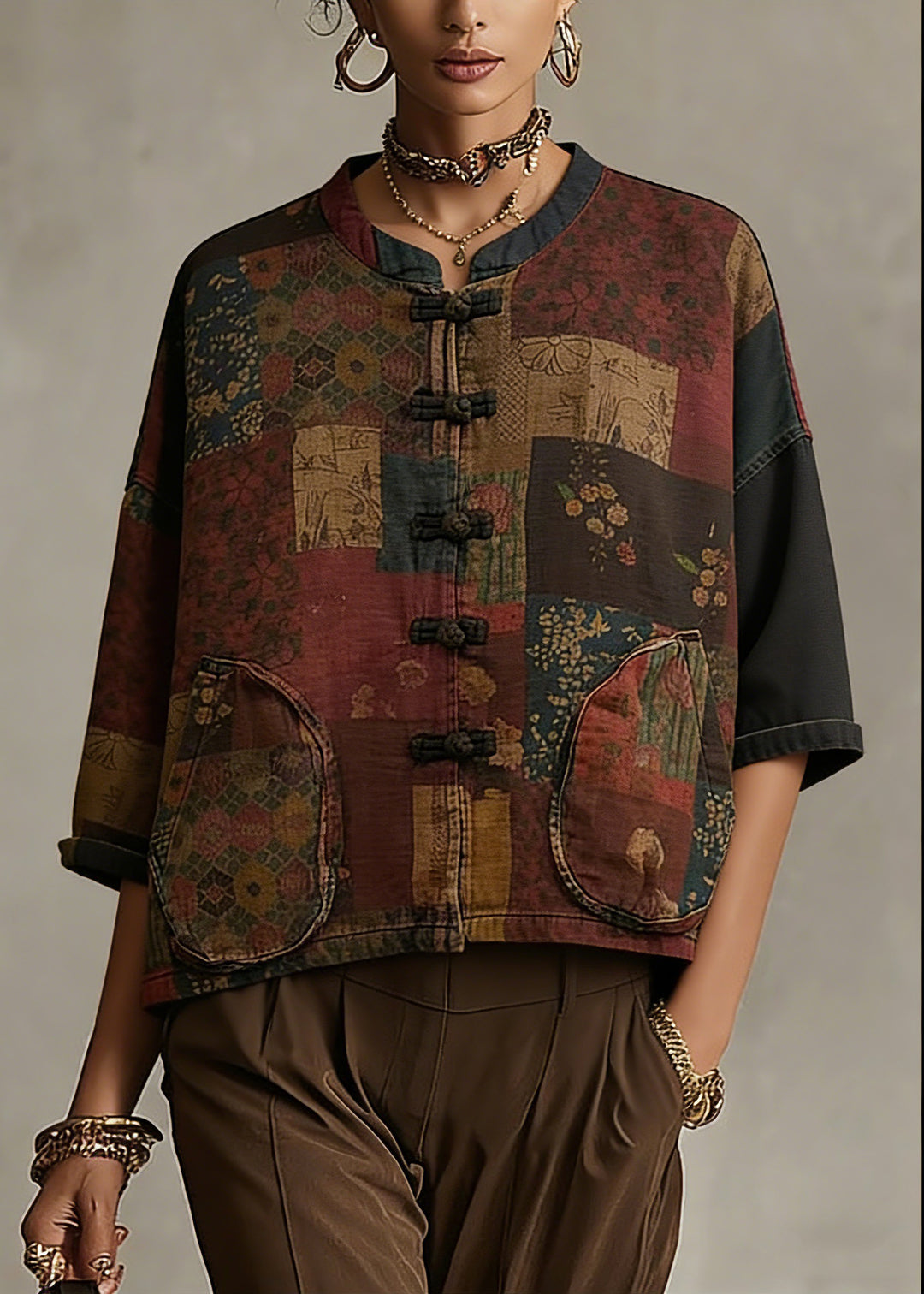Vintage Print Button Patchwork Cotton Coat Long Sleeve
