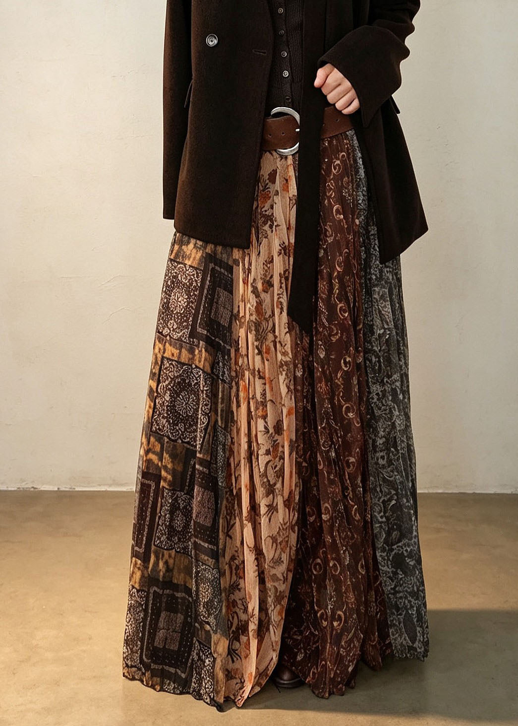Vintage Print Elastic Waist Pleated Skirt Fall