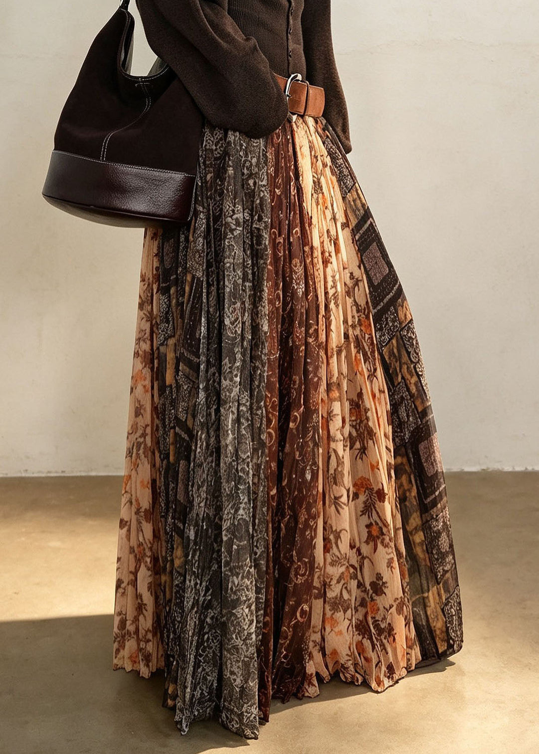Vintage Print Elastic Waist Pleated Skirt Fall