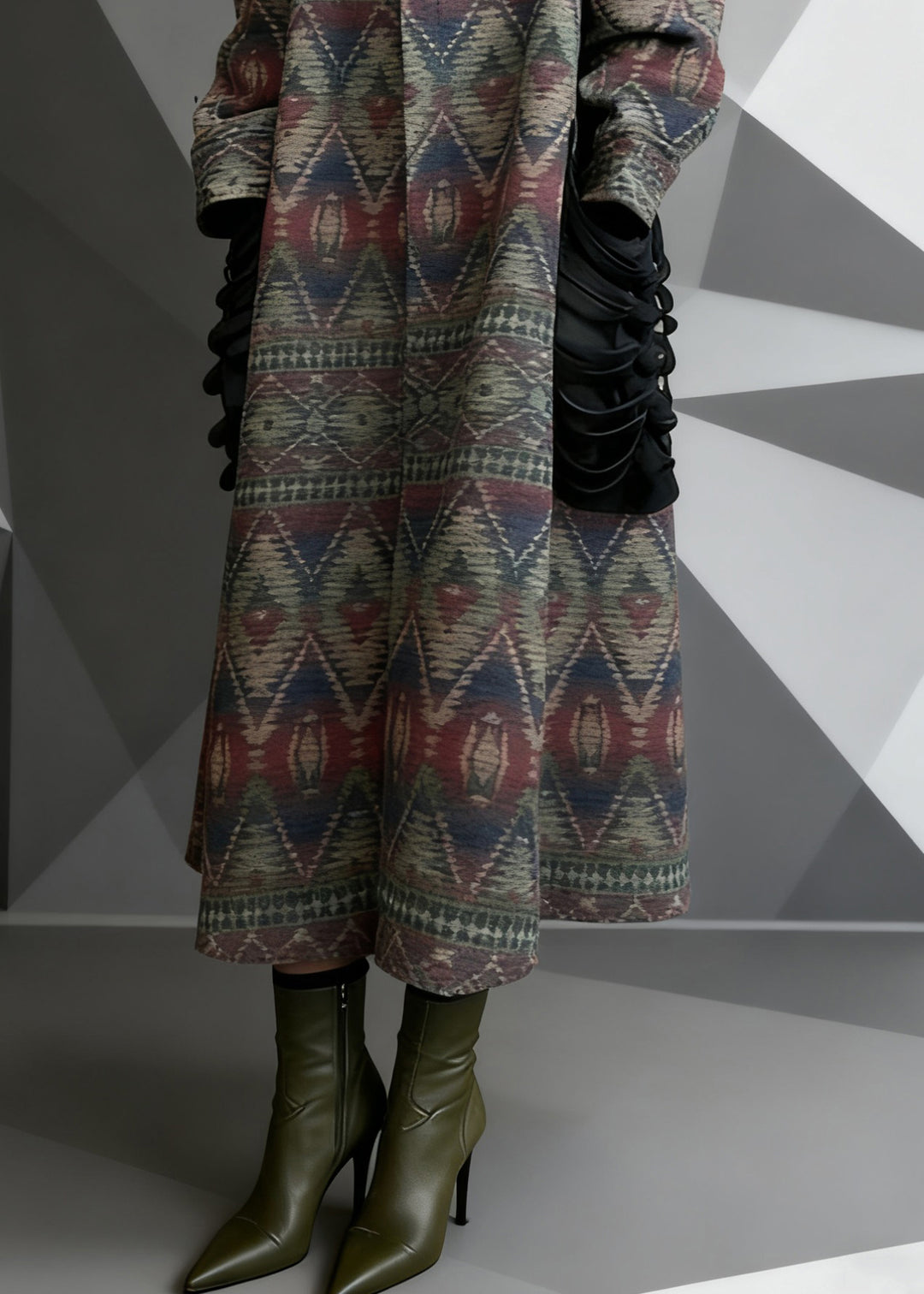 Vintage Print Pockets Patchwork Woolen Long Coat Spring