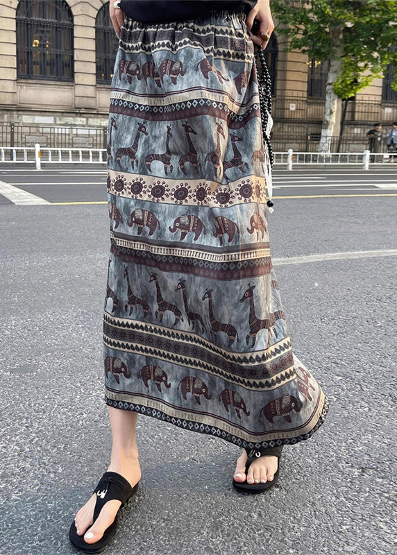 Vintage Print Side Open Elastic Waist Cotton Skirt Summer