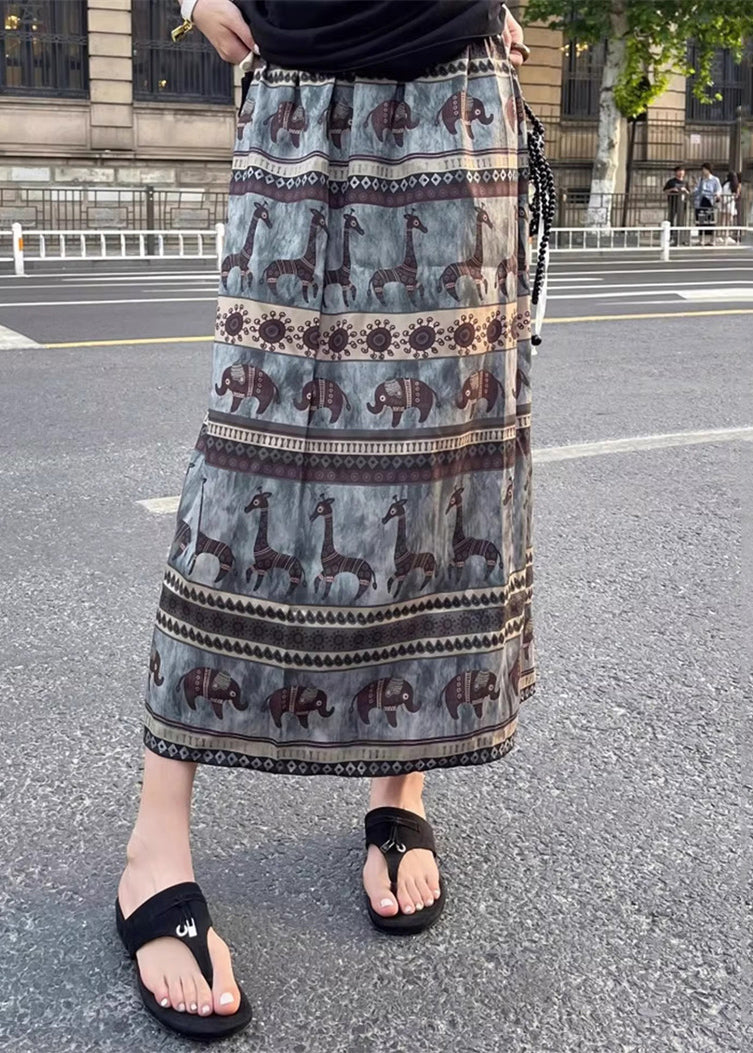 Vintage Print Side Open Elastic Waist Cotton Skirt Summer