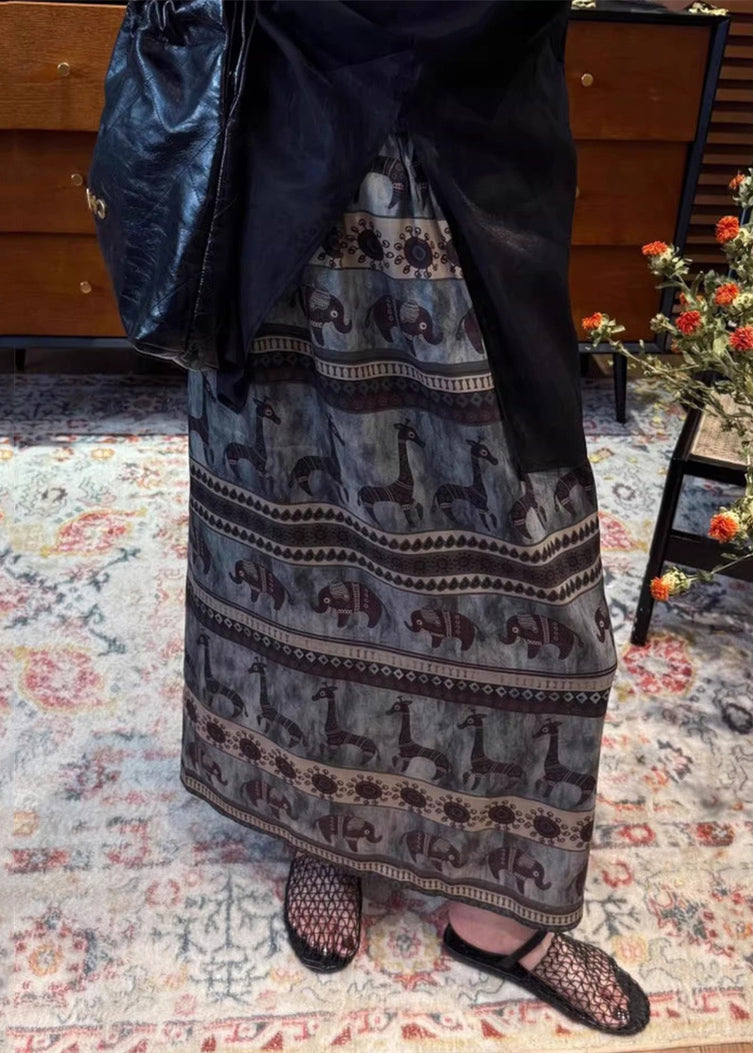 Vintage Print Side Open Elastic Waist Cotton Skirt Summer