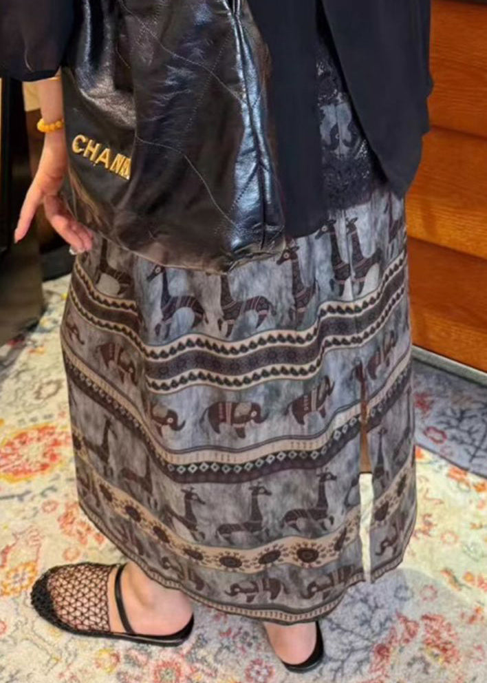 Vintage Print Side Open Elastic Waist Cotton Skirt Summer