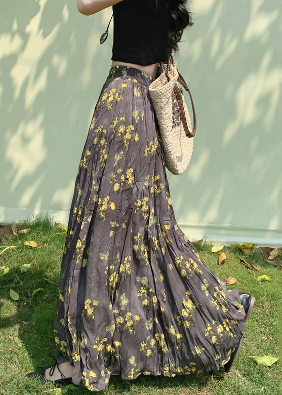 Vintage Print Wrinkled Elastic Waist Cotton Skirt Fall