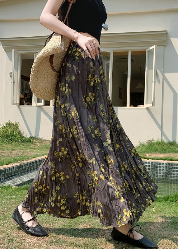 Vintage Print Wrinkled Elastic Waist Cotton Skirt Fall