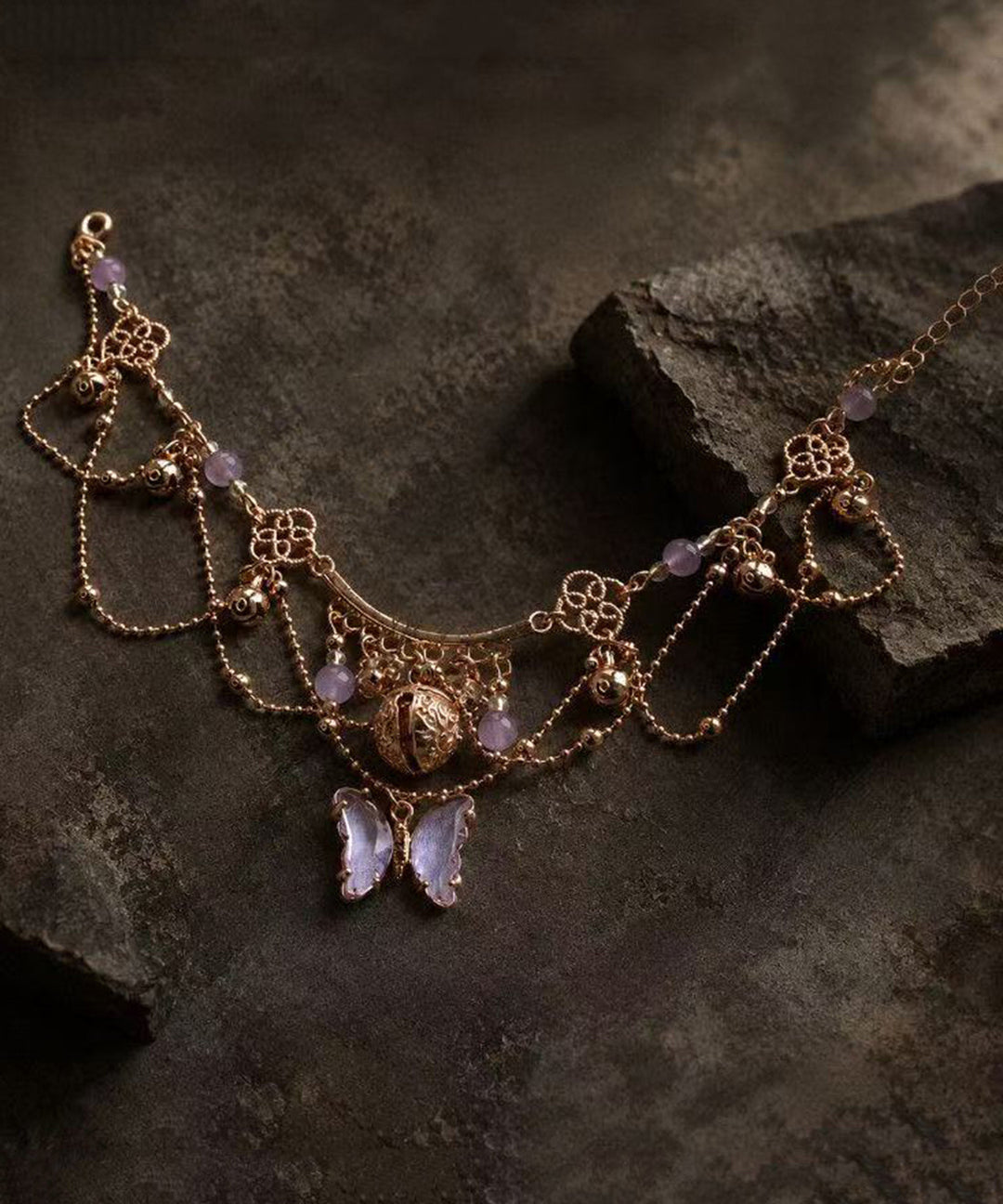 Vintage Purple Butterfly Alloy Bell Tassel Anklets